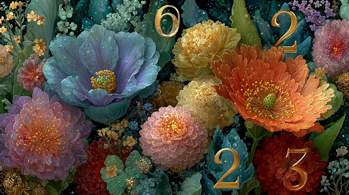 Blühende Zahlen offenbaren Emotionen in einer farbenfrohen Landschaft.