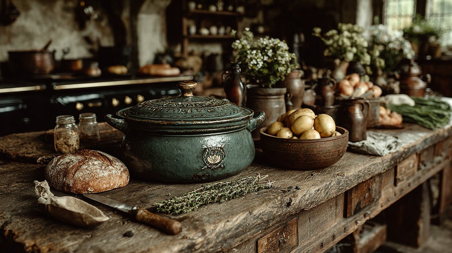 Eine harmonische Küchenansicht mit einer eleganten Mischung aus alten und modernen Kochutensilien.