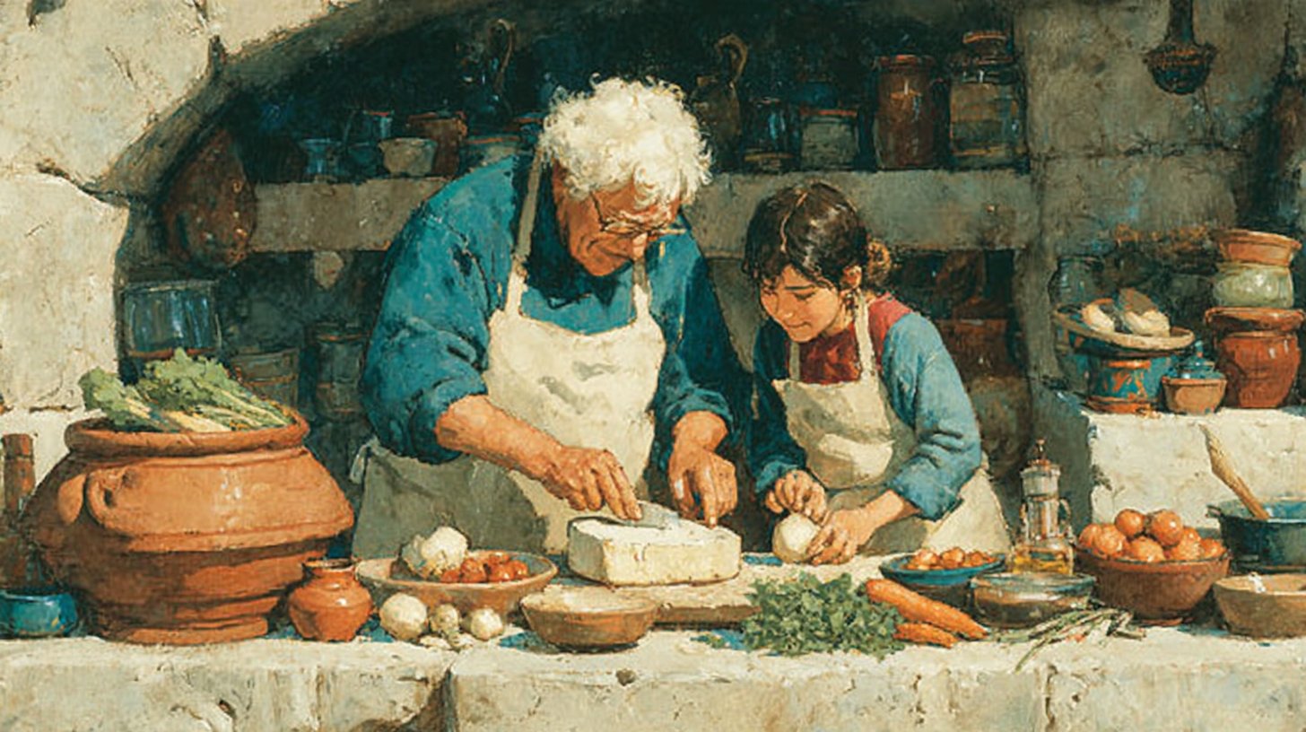 Ein offenes Rezeptbuch umgeben von frischen Kräutern und Gemüse in warmem Licht.