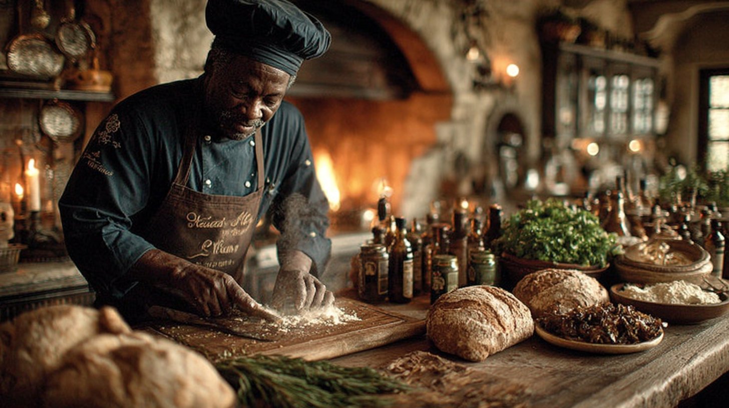 Überkopfaufnahme eines Kochs, der klassische Techniken in einer bestens ausgestatteten Küche demonstriert.