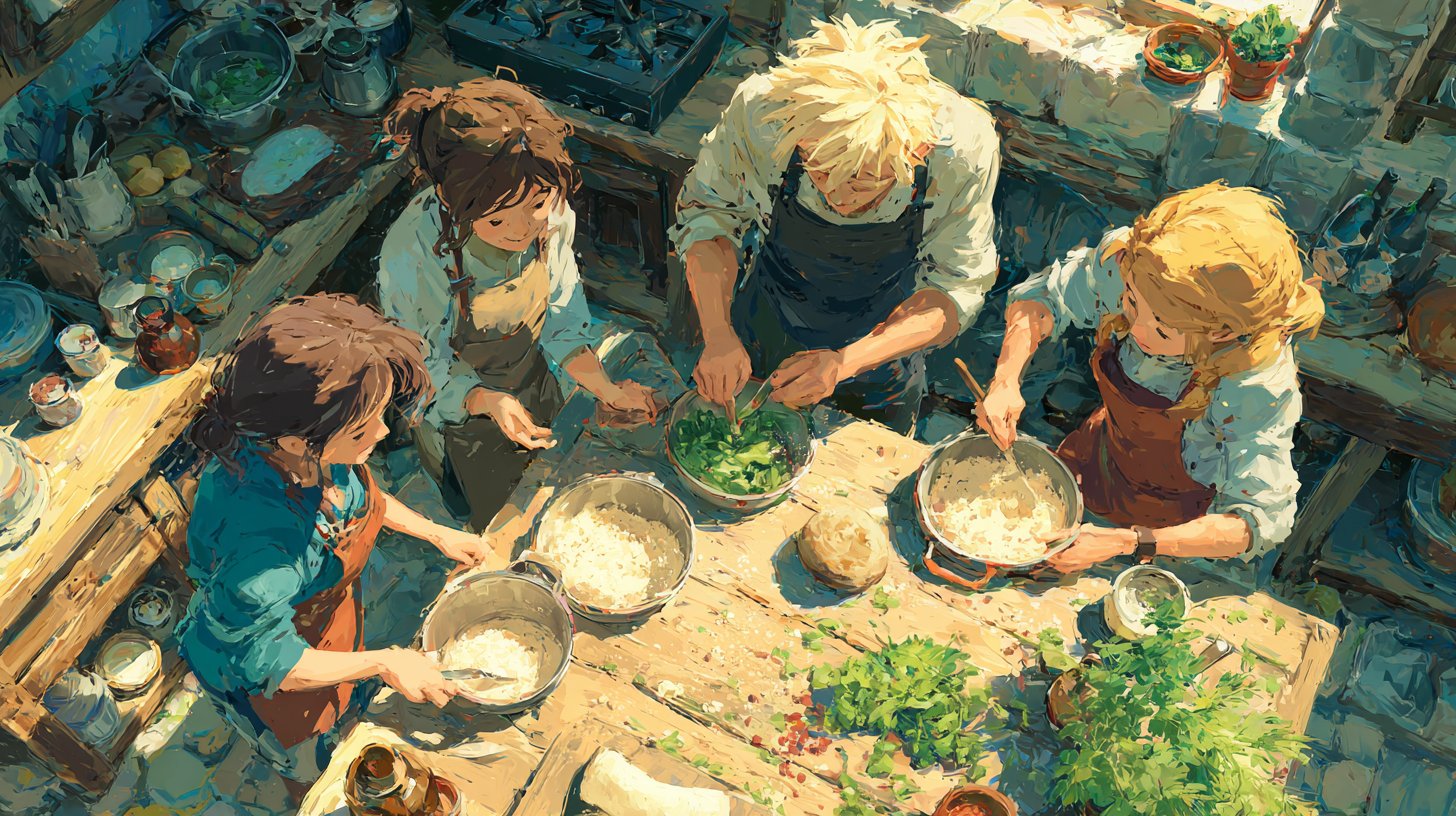 Ein spontaner Moment von Freunden, die zusammen in einer einladenden Küche kochen und lachen.