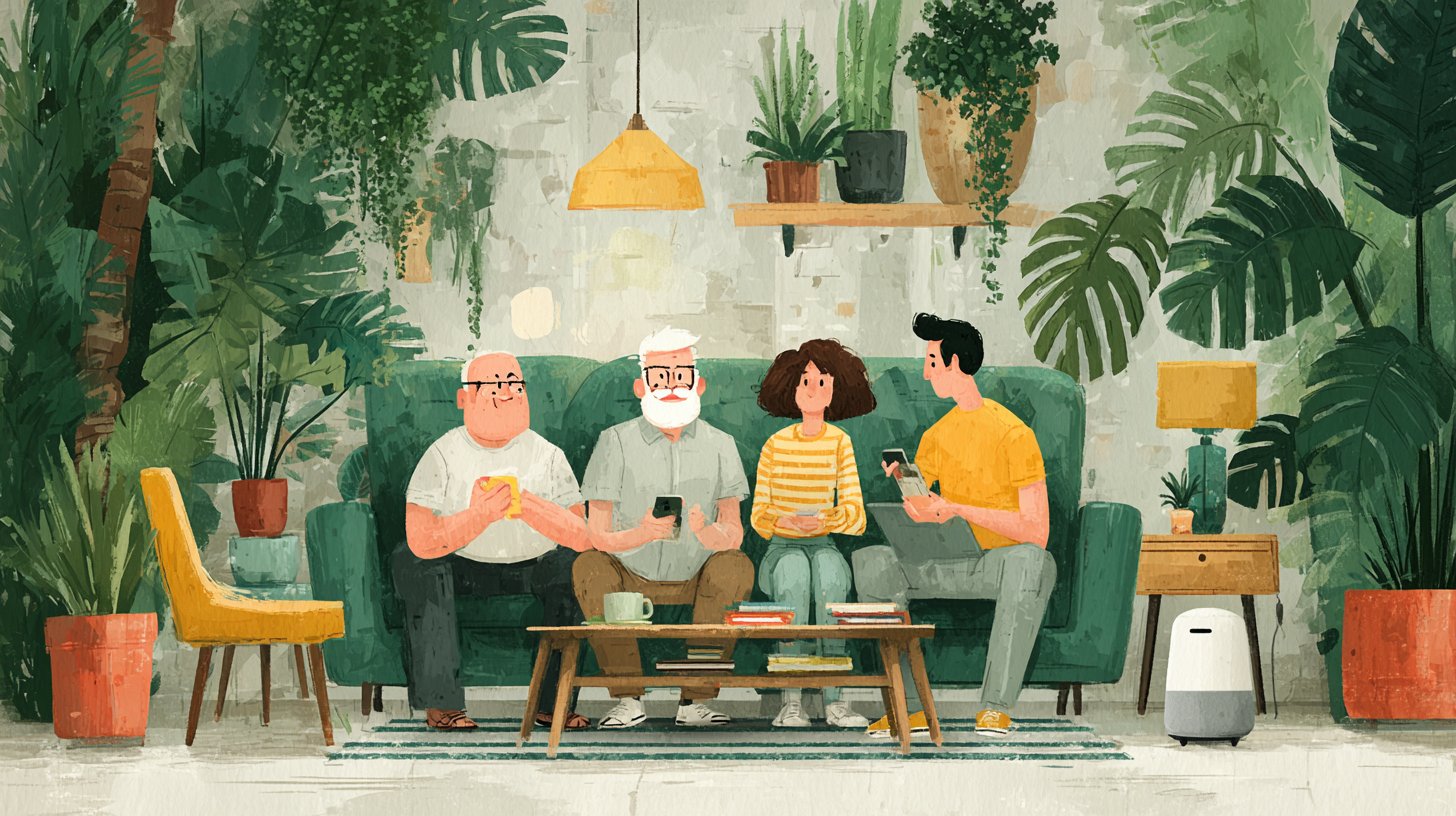 Gemütliches modernes Wohnzimmer mit Familie und Smart-Geräten.