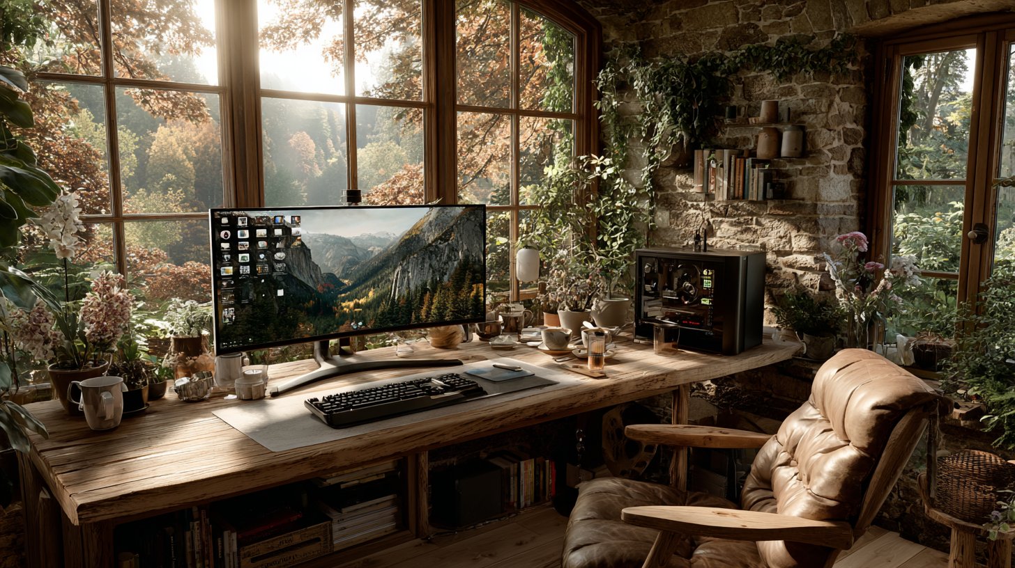 Stilvolles Homeoffice mit persönlicher Dekoration und smarter Technologie.