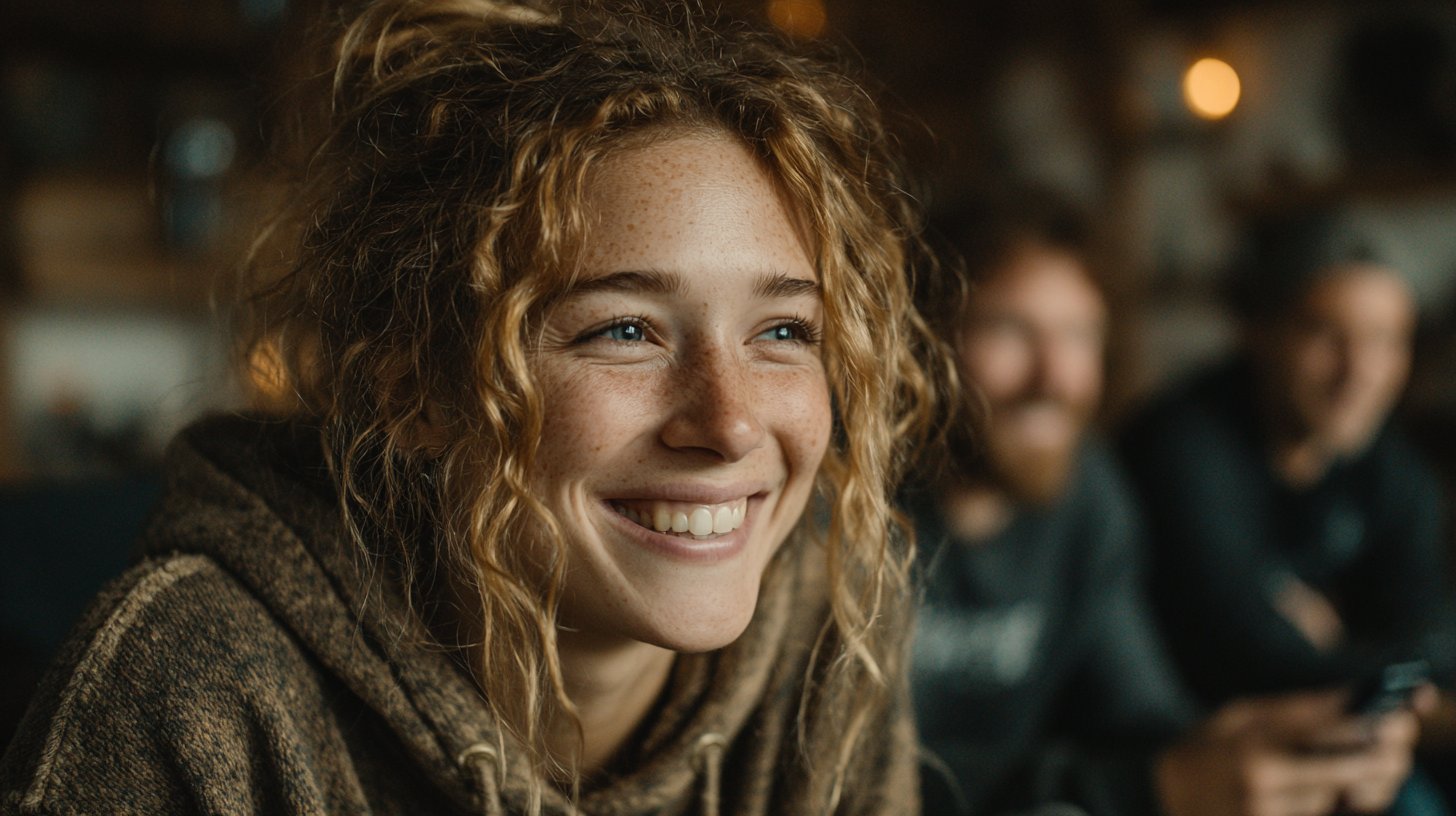 Freunde interagieren in einem smarten Wohnzimmer voller Lachen.