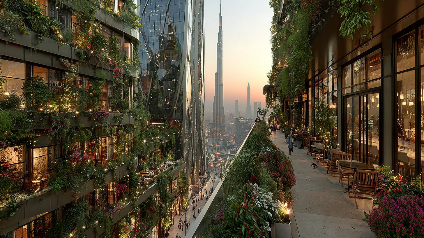 Stadtblick bei Sonnenuntergang mit lebendiger Atmosphäre.