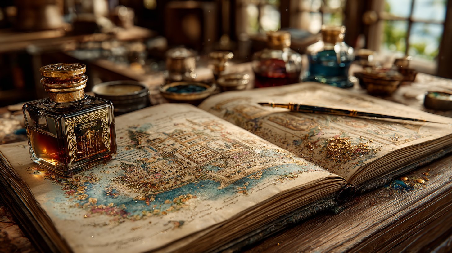 Ein offenes Buch mit kunstvollen Illustrationen der Erzählstrukturen.