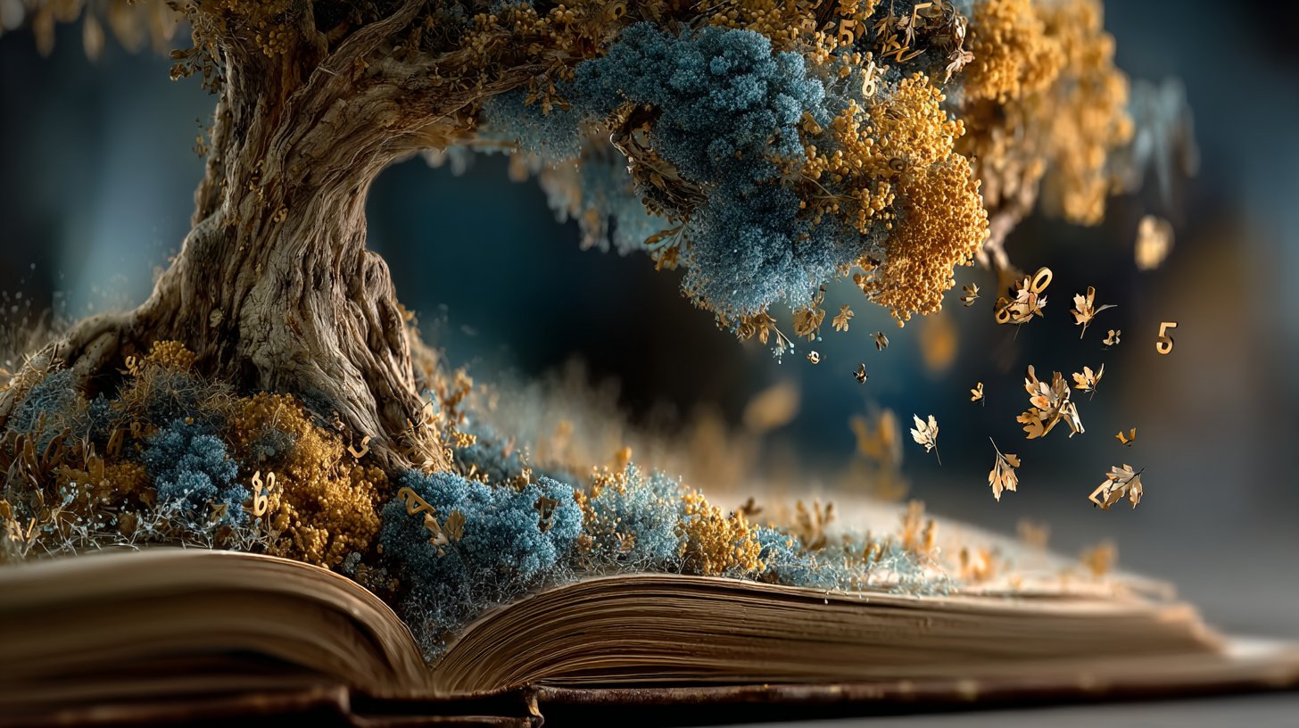 Zahlen, die in einen universellen Geschichtensymbol fließen.