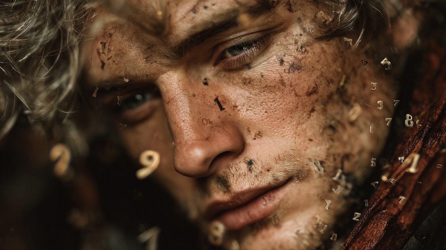 Ein nachdenklicher Gelehrter umgeben von schwebenden Zahlen.