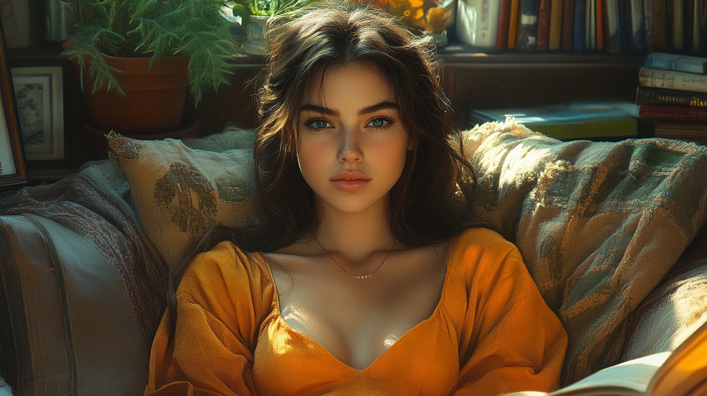 Eine junge Frau auf einem gemütlichen Sofa, umgeben von inspirierenden Büchern und Pflanzen.