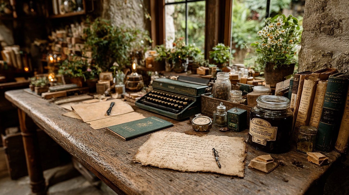 Ein ruhiger Studienraum mit analogen Lernmaterialien und warmem Licht.