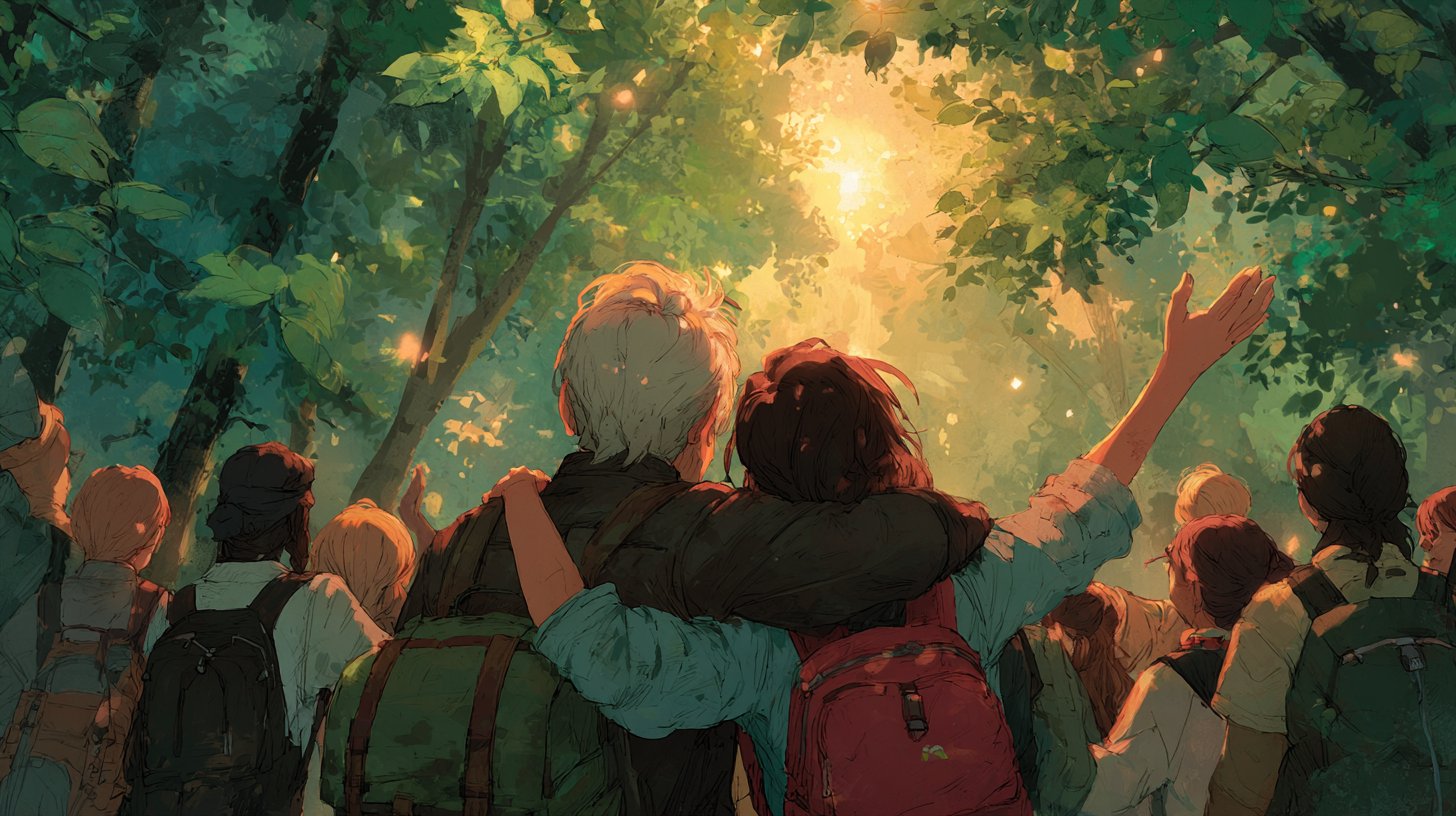 Eine intime Versammlung um einen Holztisch, umgeben von vintage Lerninstrumenten.