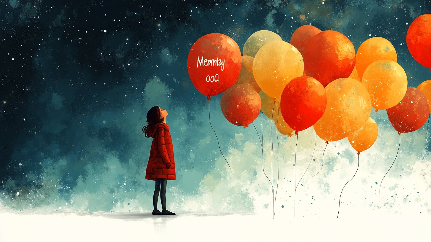 Una persona sostiene un globo etiquetado 'recuerdos' mientras otros se alejan.