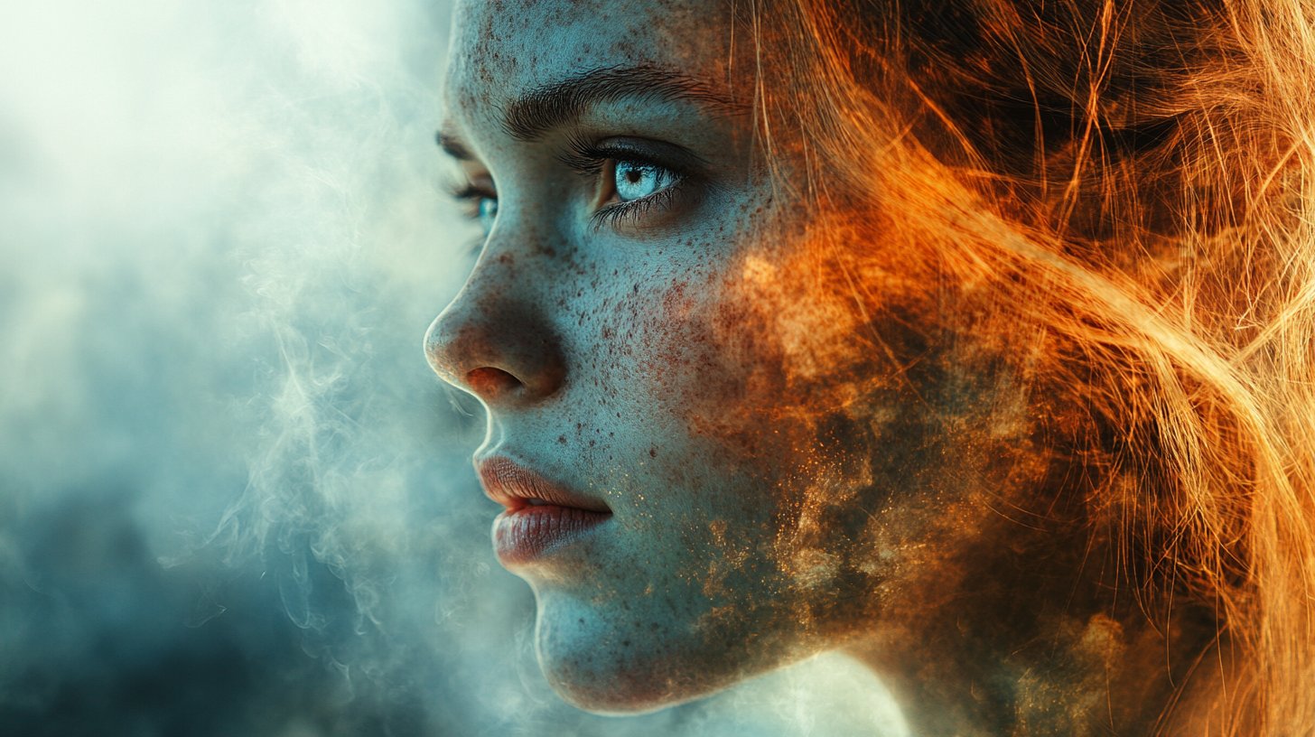 Una imagen dividida de un rostro mostrando diversas emociones y tumulto interno.