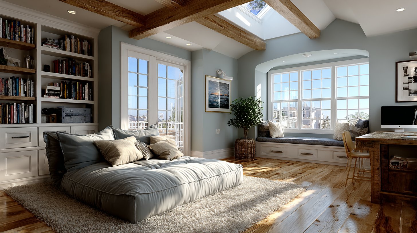 Einladender Wohnbereich mit klaren Zonen für Entspannung und Arbeit.