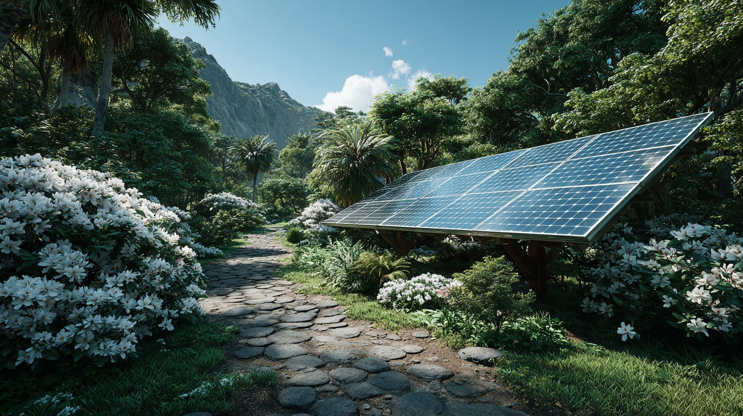 Eine friedliche Landschaft mit Solarzellen, die die Harmonie zwischen Natur und Technologie zeigt.