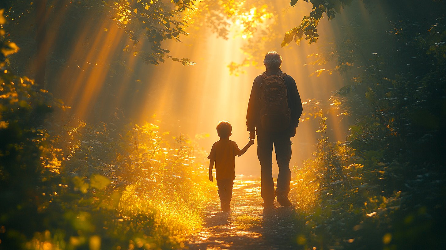 Un'immagine ispiratrice di un mentore saggio che guida un giovane su un sentiero nel bosco.