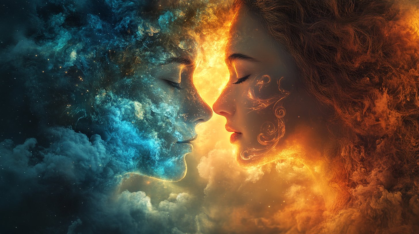Una rappresentazione mistica di due anime intrecciate in uno spazio cosmico.