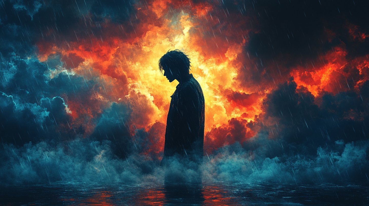 Una figura ombrosa sotto una nuvola scura.