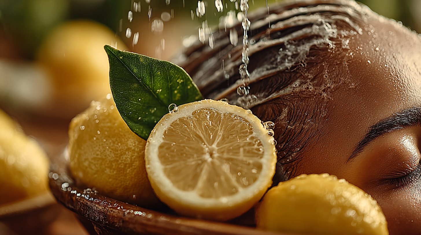 Nahaufnahme von Zitronensaft auf Haar, erleuchtet von Sonnenstrahlen.