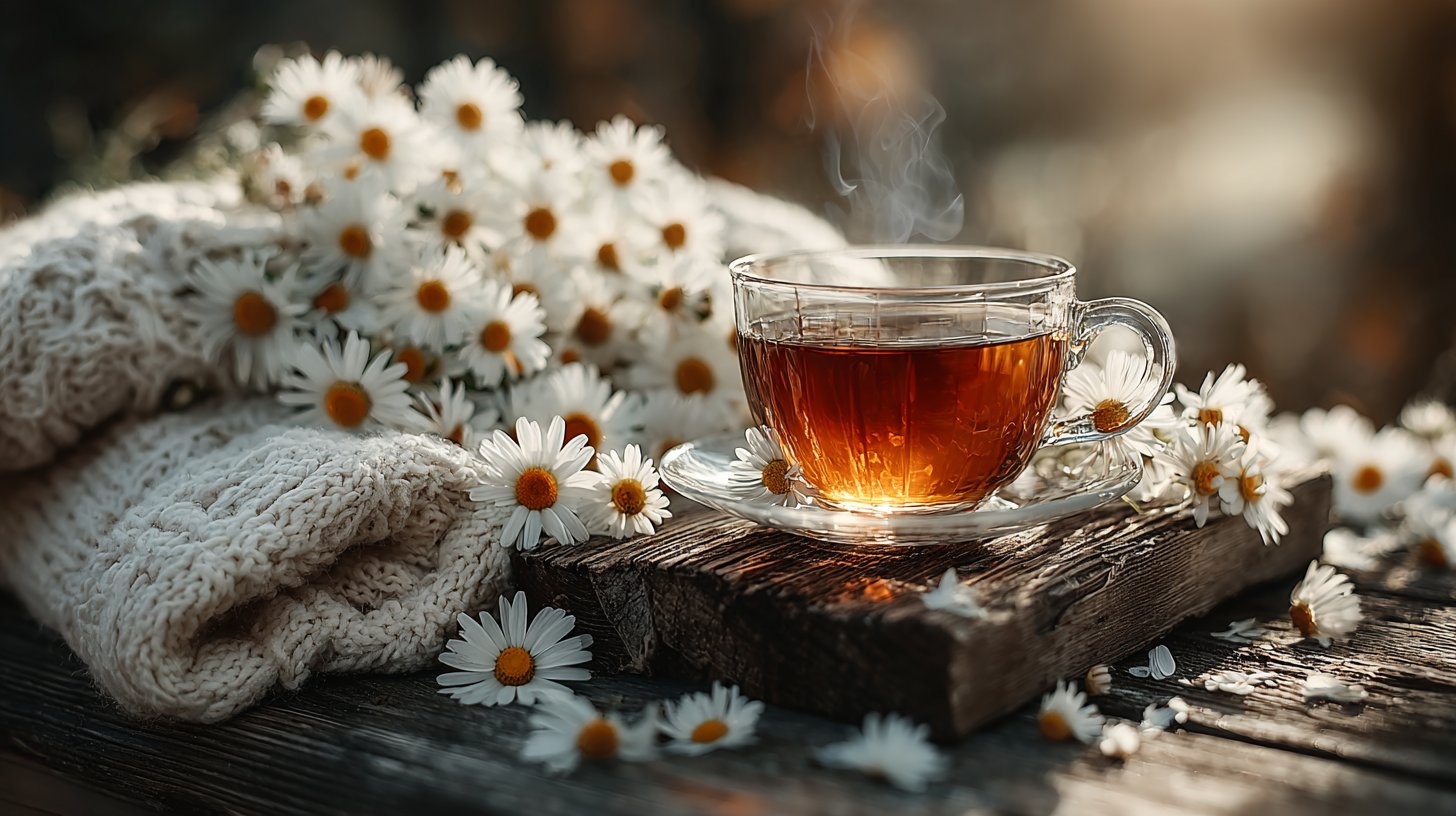 Kamillentee in einer Tasse, umgeben von Sonnenlicht.