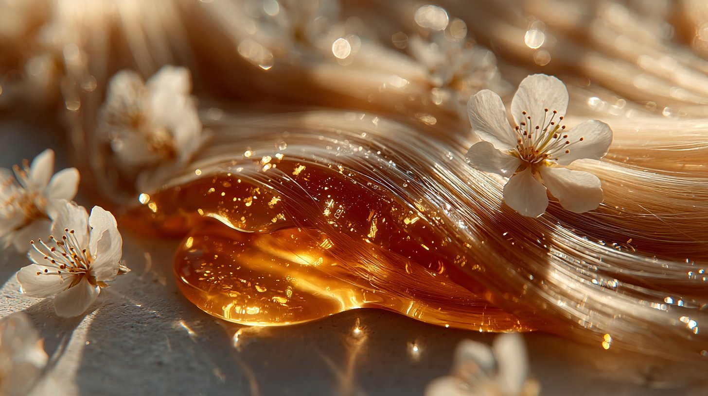Honig tropft auf Haarsträhnen, umgeben von natürlichen Elementen.