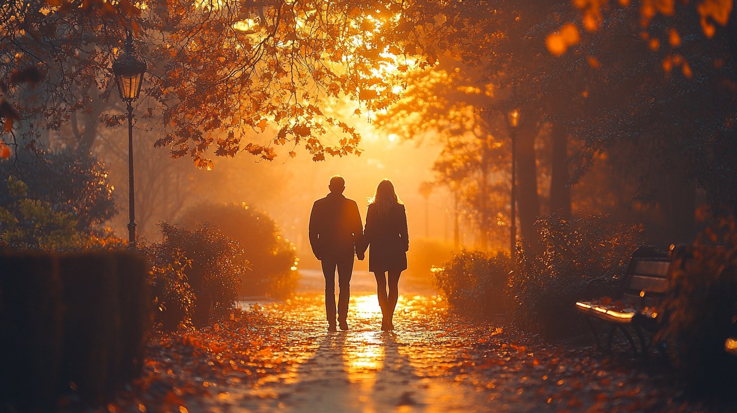 Una coppia passeggia mano nella mano nel parco.