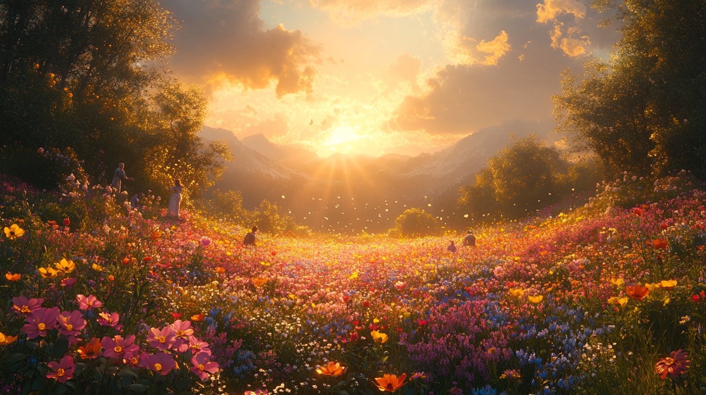 Risate tra partner in un ambiente fiorito.