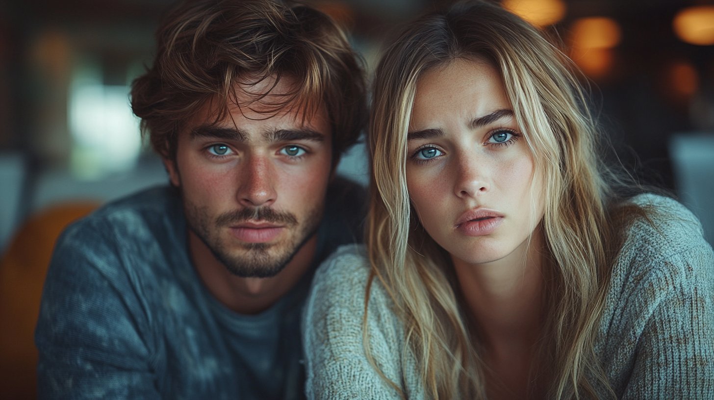 Ein Paar in einem schwach beleuchteten Raum voller Kritik.