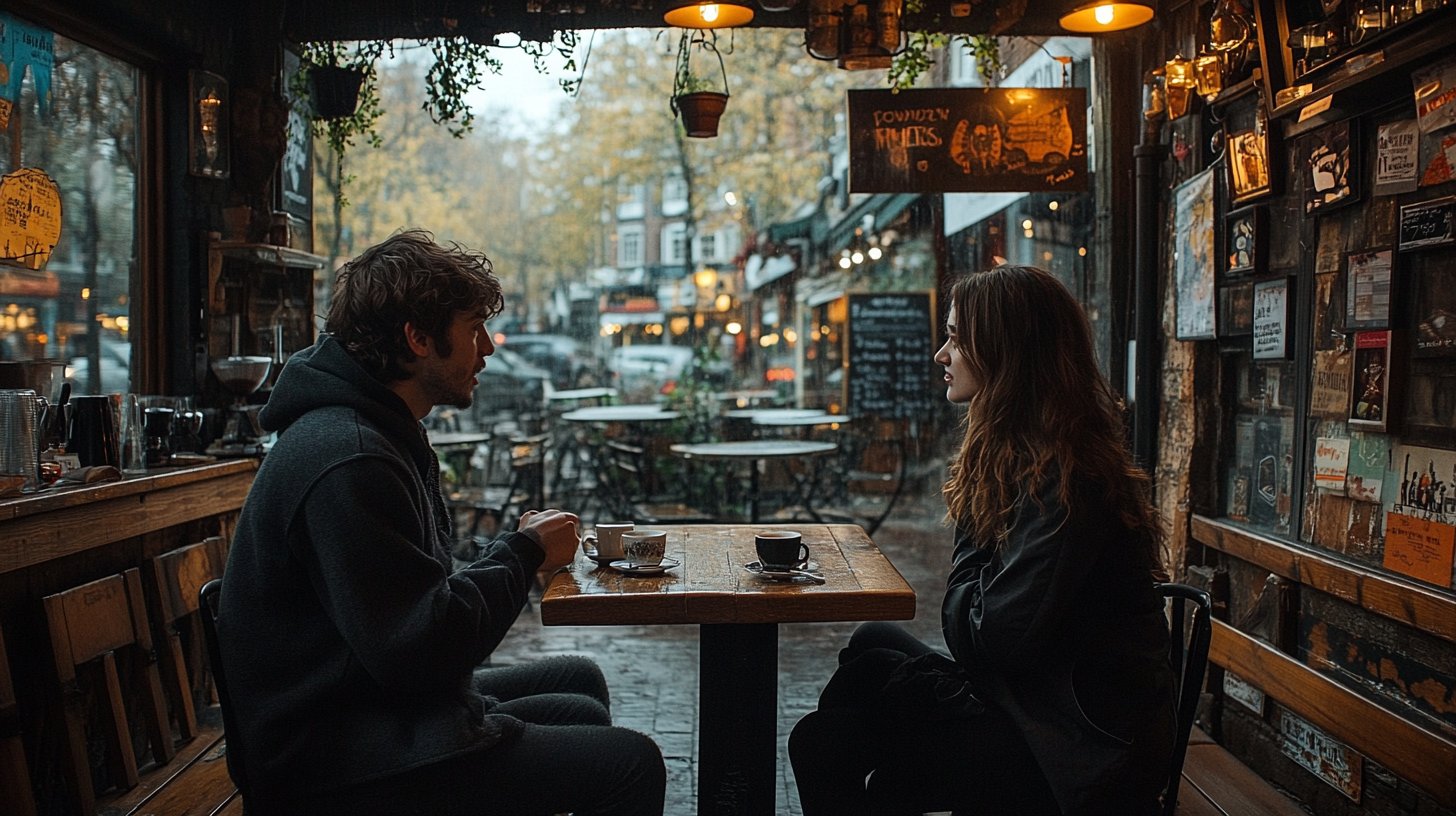 Zwei frustrierte Personen in einem Café, getrennt durch Gedanken.