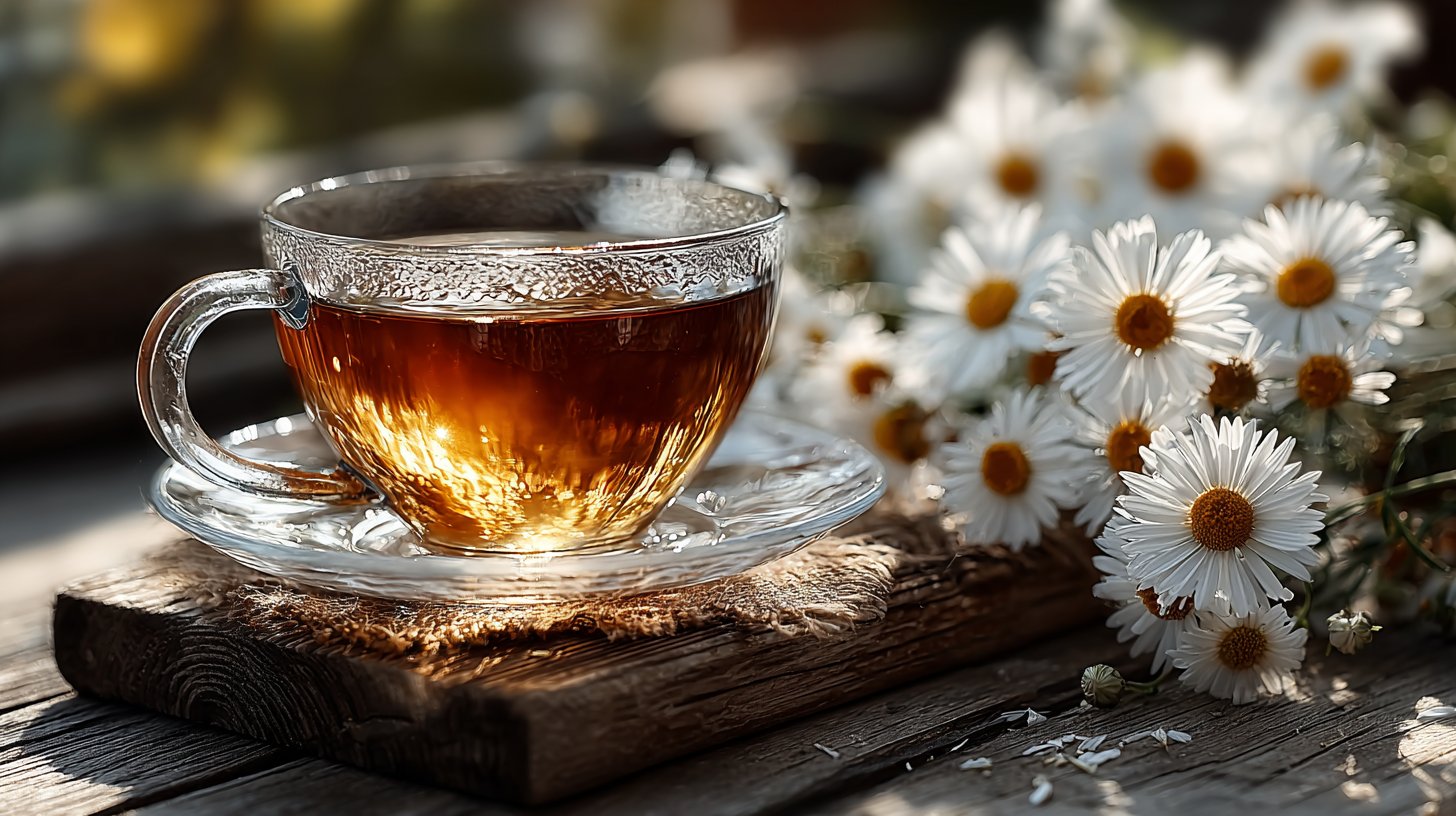 Beruhigende Kamillentee-Tasse neben Sonnenlicht-Kamille für natürliche Schönheit.