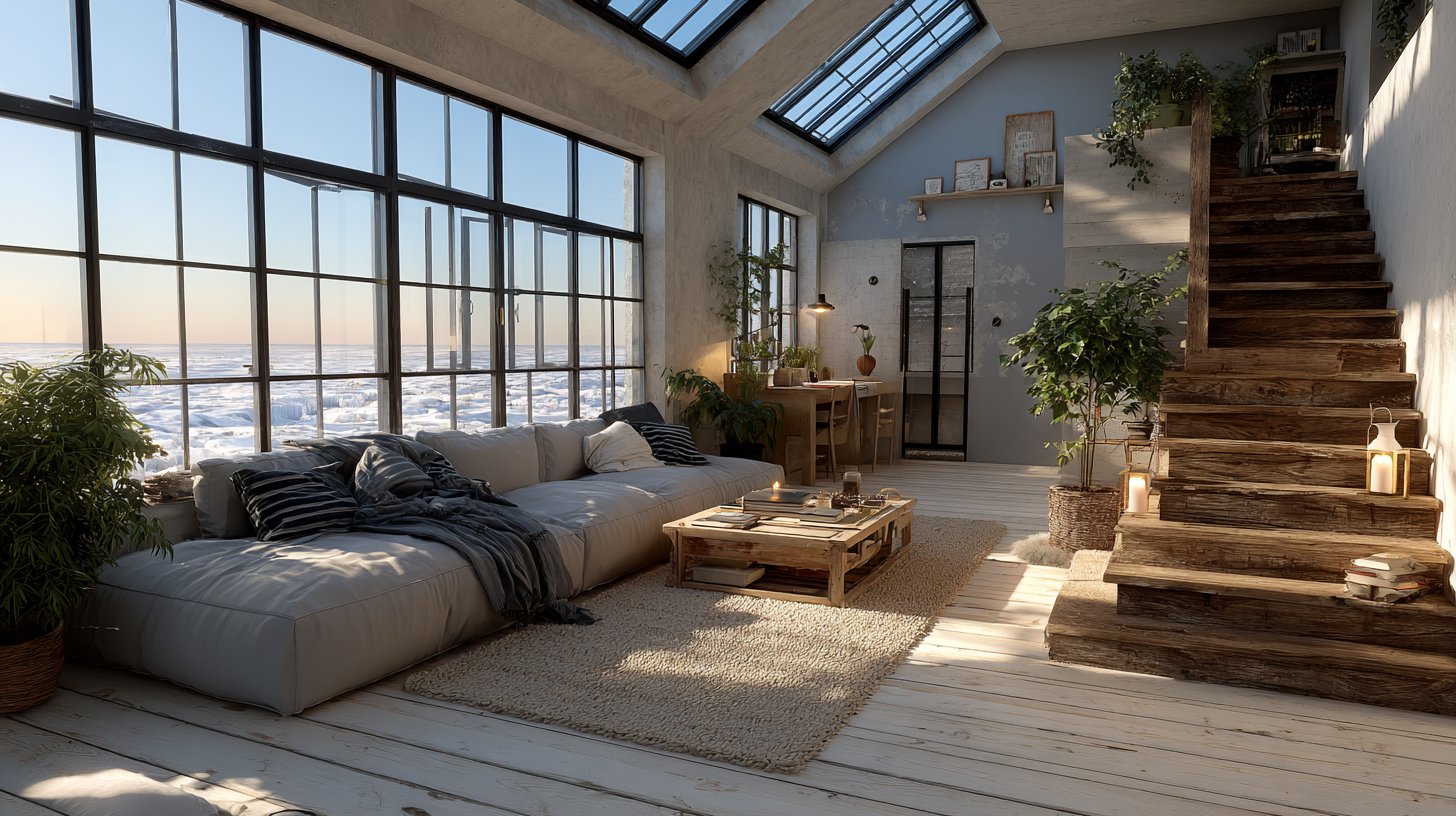 Ein gemütlicher, minimalistischer Wohnraum mit viel Licht und Offenheit.